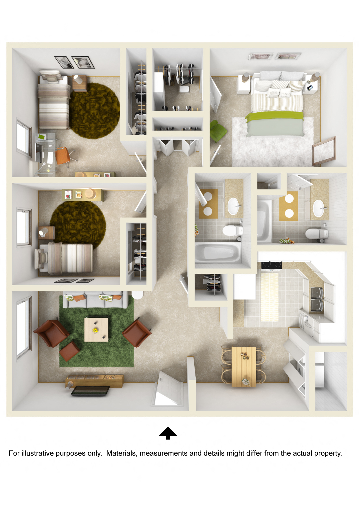 Floor plan for 3 beds, 2 baths, 1070 sqft